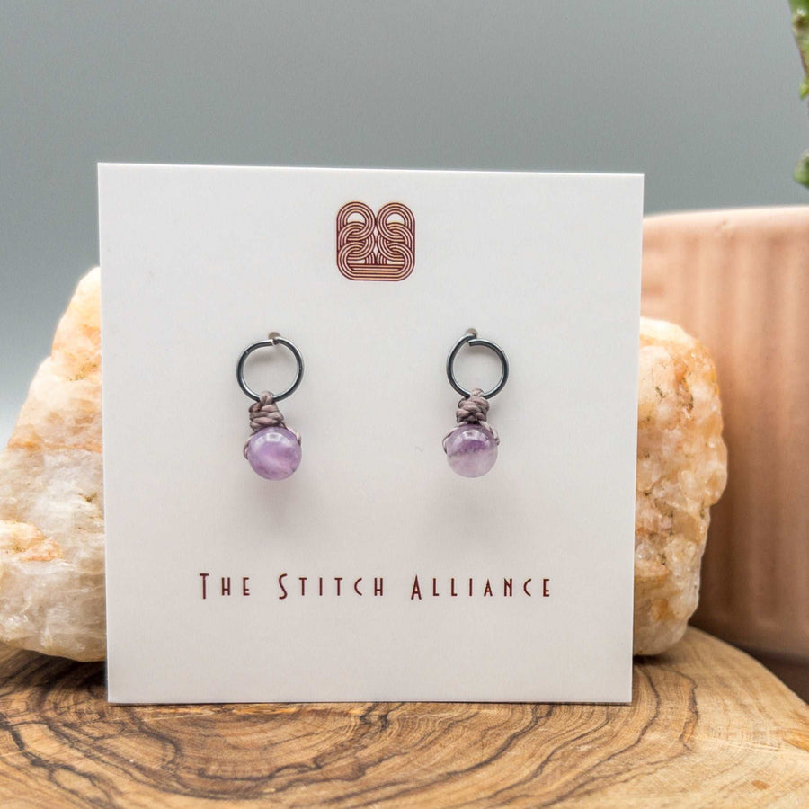 handmade minimalist post earrings gunmetal silver and amethyst