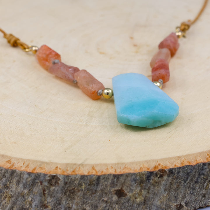 handmade amazonite, sunstone, and gold fill necklace detail view