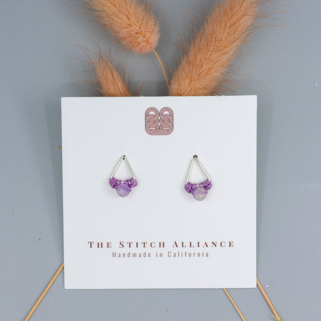 Amethyst stud earrings sterling silver triangle on white card