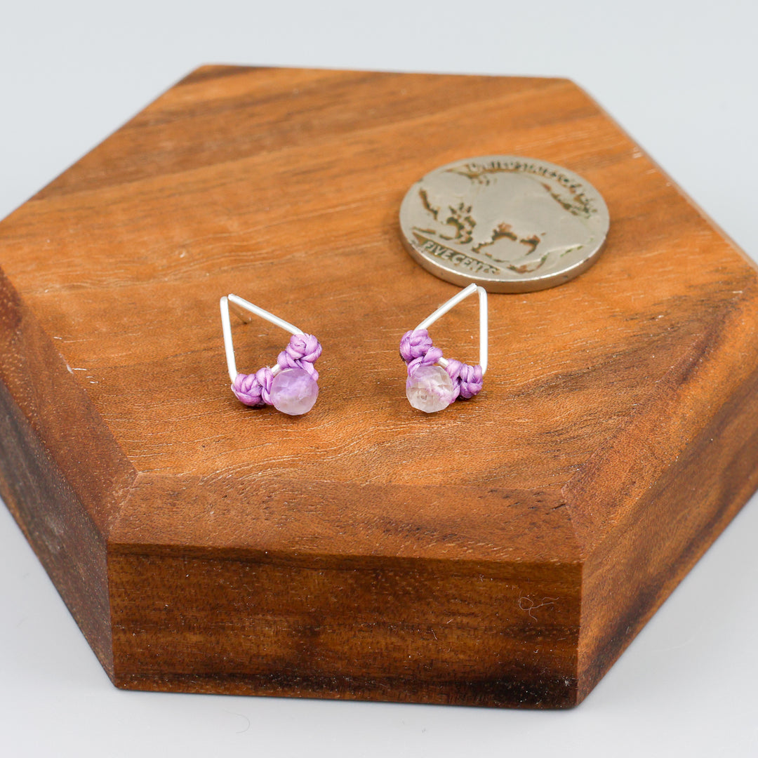 Amethyst stud earrings sterling silver triangle with coin for size comparisson
