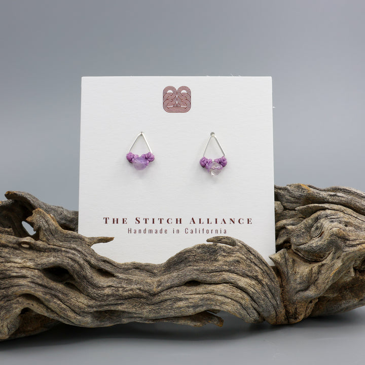 Amethyst stud earrings sterling silver triangle on a white card