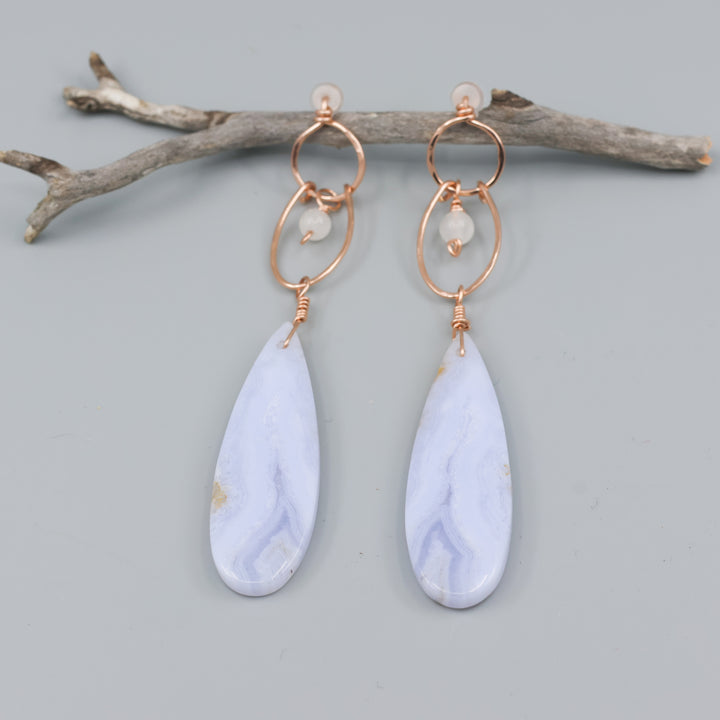 rose gold blue lace agate statement earrings detail
