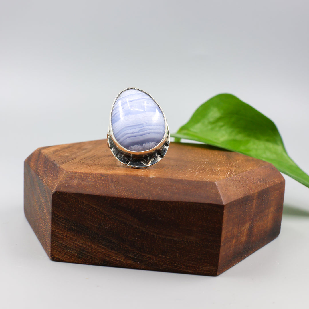 handmade blue lace agate sterling silver ring detail view