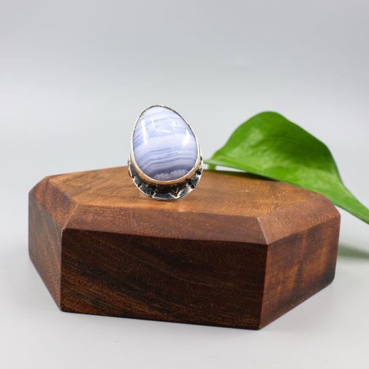 handmade blue lace agate sterling silver ring detail view