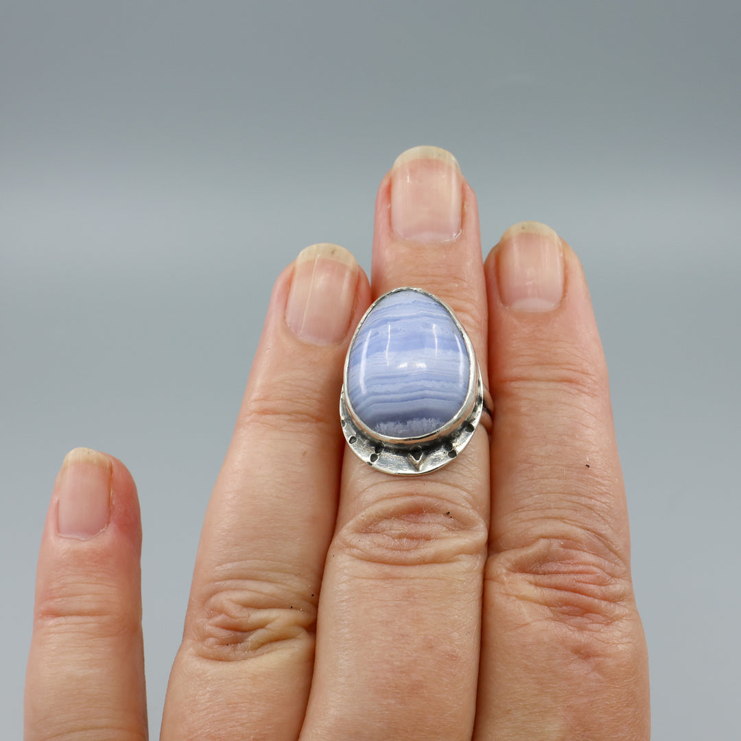 handmade blue lace agate sterling silver ring  shown on hand