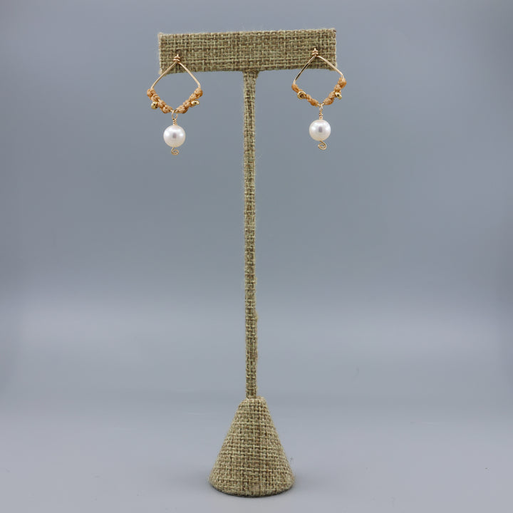handmade square shaped gold macrame earrings with freshwater pearl beads