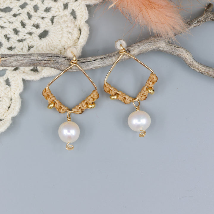 handmade square shaped gold macrame earrings with freshwater pearl beads