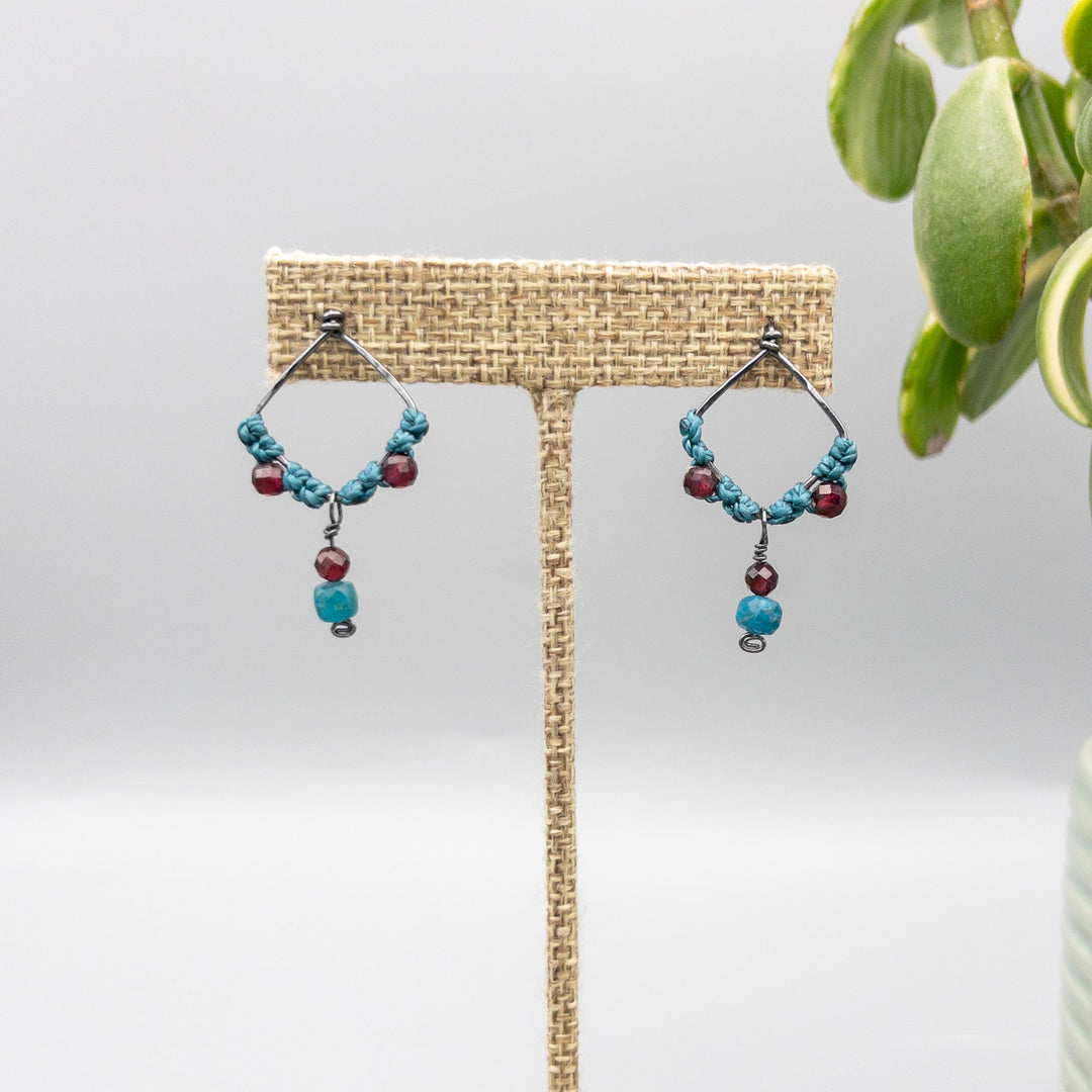handmade oxidized sterling silver garnet macrame earrings