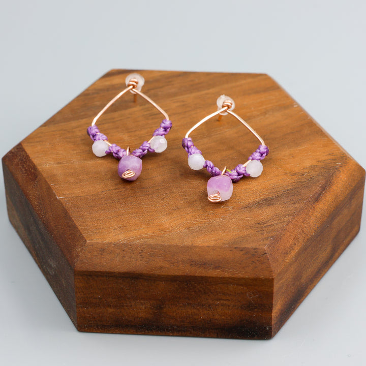 Lepidolite & Moonstone Square Drop Earrings / Rose Gold