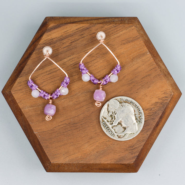 handmade rose gold, lepidolite, moonstone earrings with a coin for size comparison