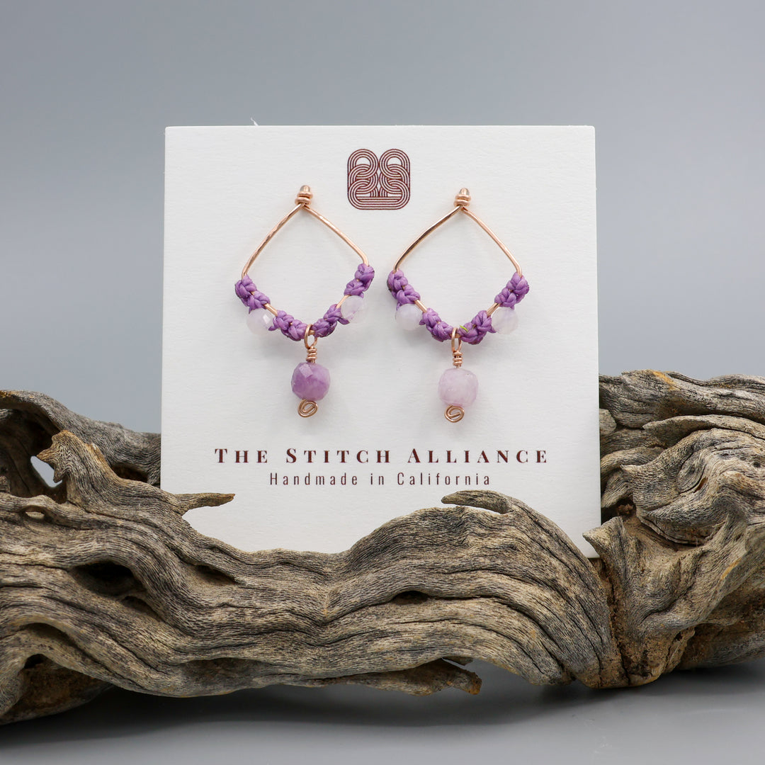 Lepidolite & Moonstone Square Drop Earrings / Rose Gold