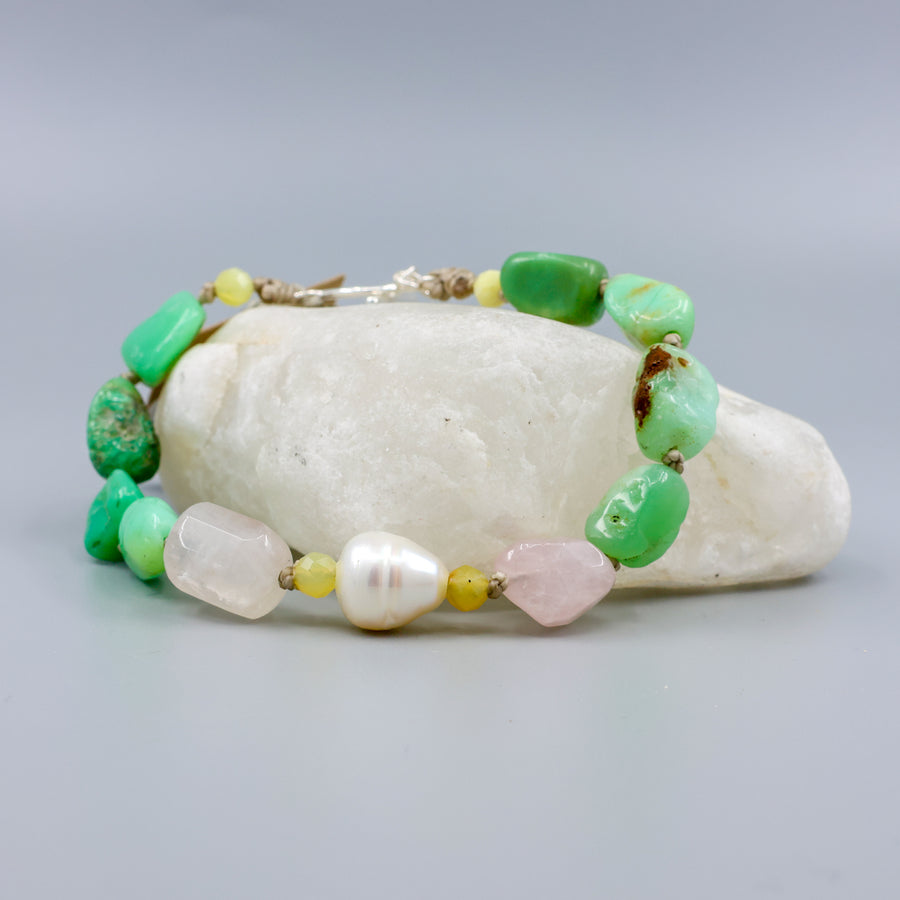 handknotted chrysoprase rose quartz and frehswater pearl bracelet with sterling silver clasp