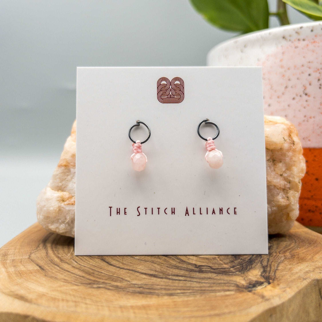 gunmetal oxidized sterling silver post earring with rose quartz bead