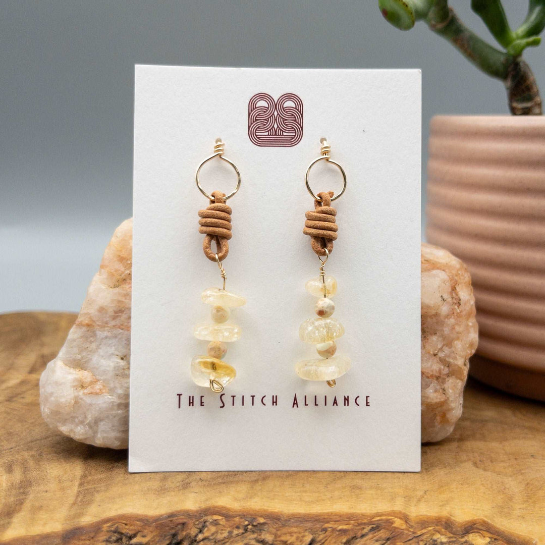 citrine pebble bead drop earrings with leather and gold fill