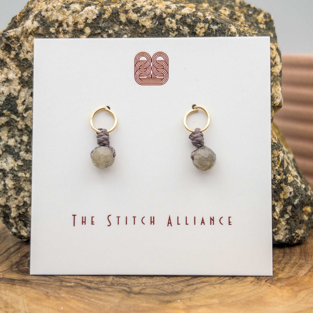 14k gold filled circle post earrings with a labradorite bead
