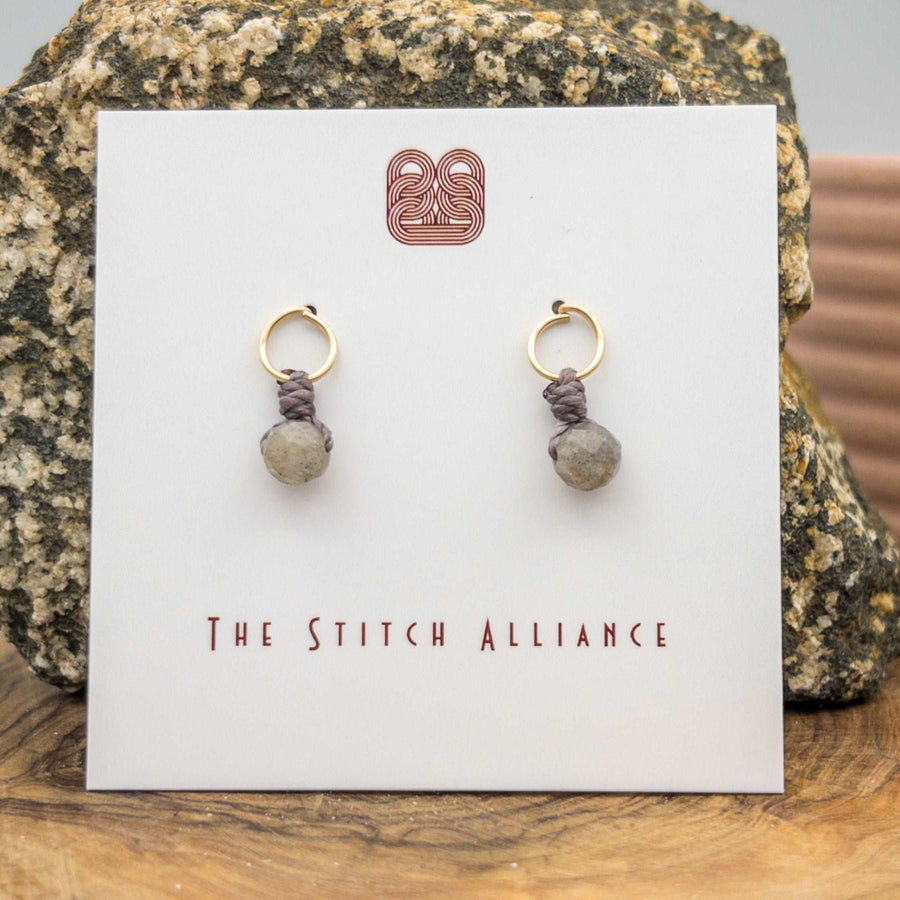 14k gold filled circle post earrings with a labradorite bead