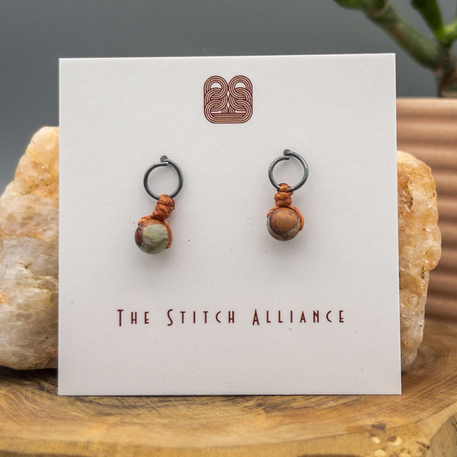 gunmetal oxidized sterling silver post earrings with aqua terra jasper beads