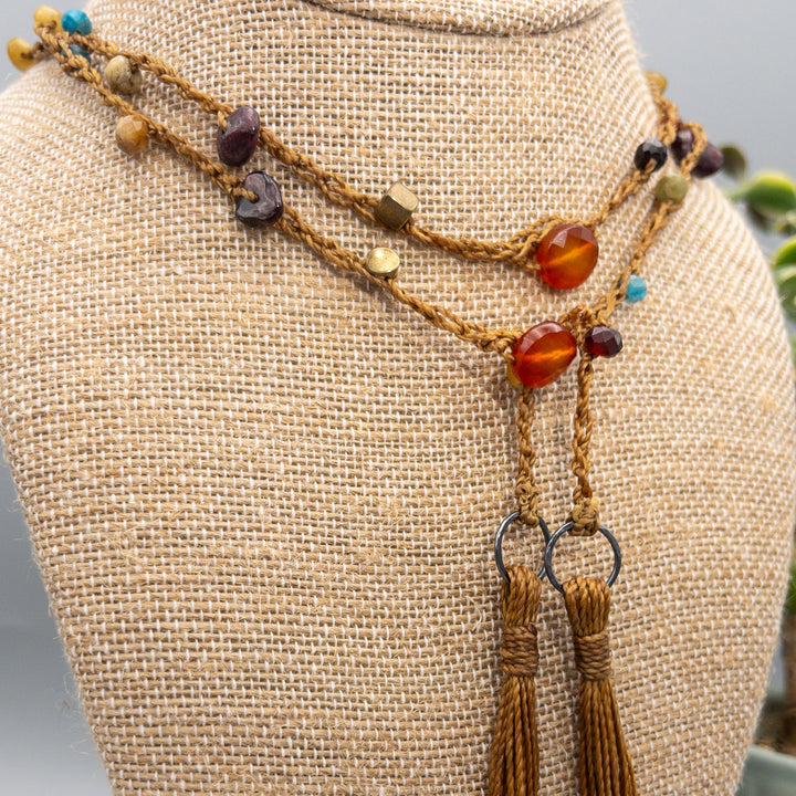 Gemstone long crochet necklace with tassels