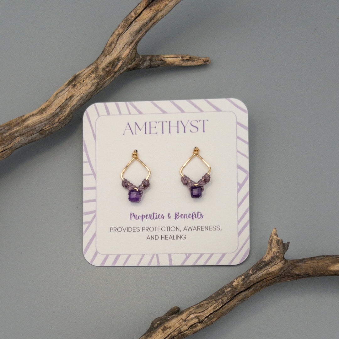 Handmade amethyst gold filled square stud macrame earrings on a gift card