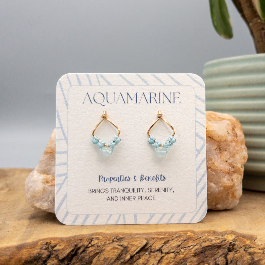 handmade aquamarine earrings with properties and benefits of aquamarine on the card. gift earrings