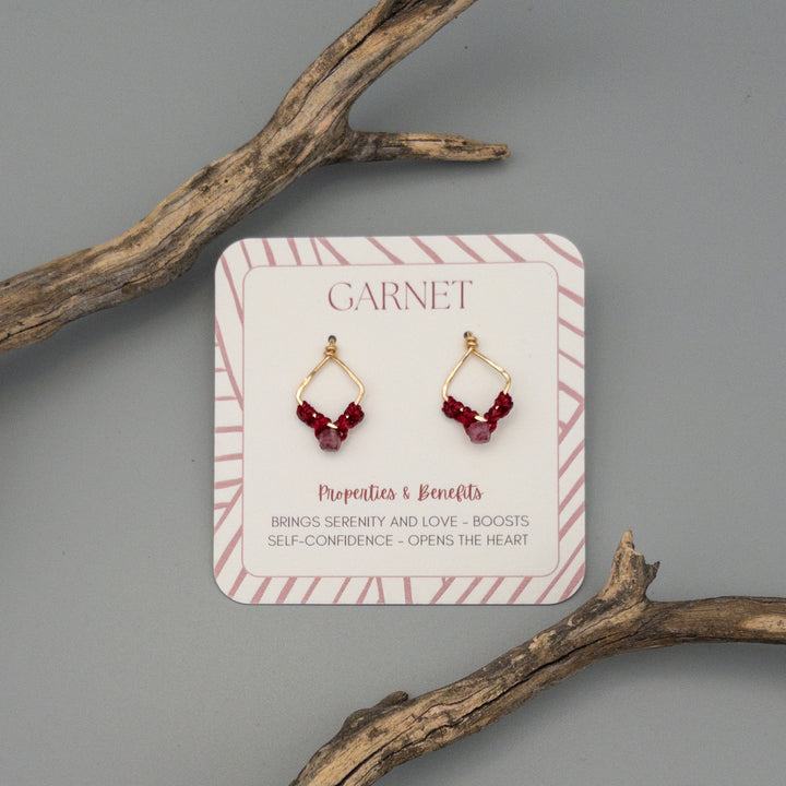 handmade garnet crystal earrings on a descriptive display card on a gray background