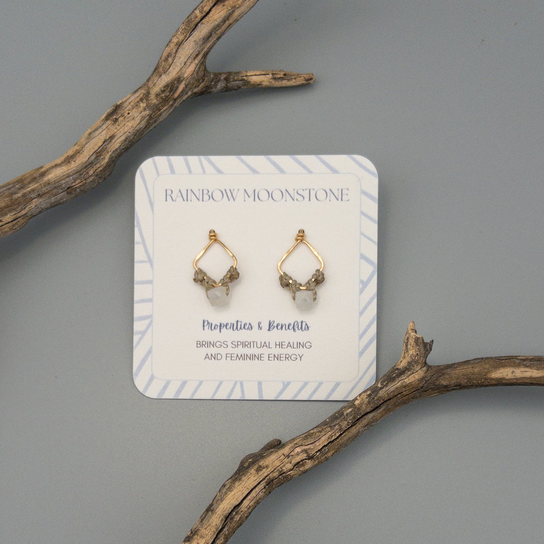rainbow moonstone square macrame 14k gold filled earrings on a gray background
