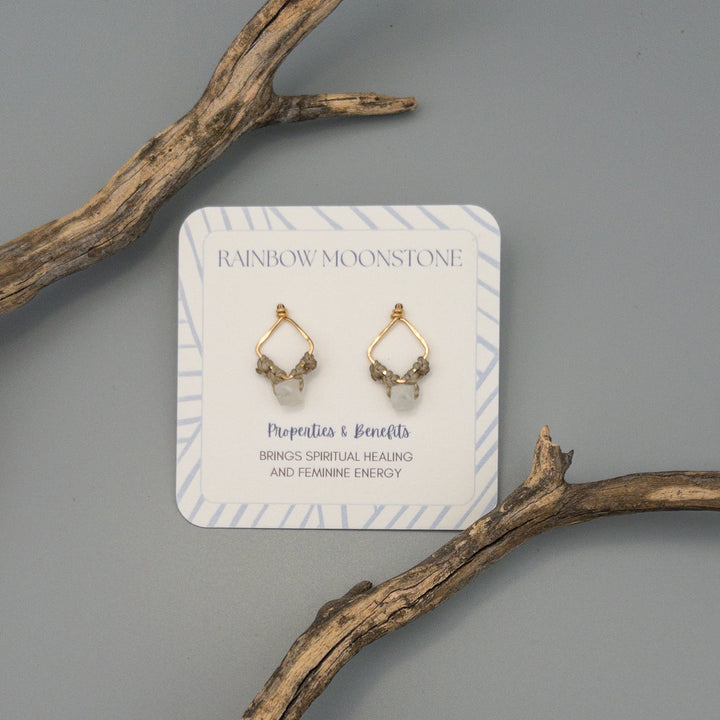 rainbow moonstone square macrame 14k gold filled earrings on a gray background