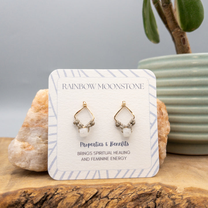 rainbow moonstone square macrame 14k gold filled earrings