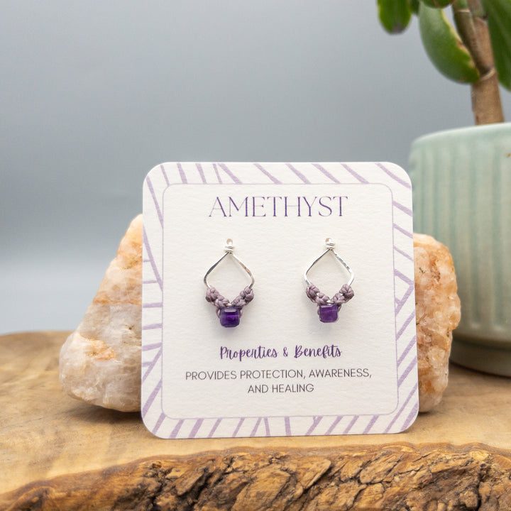Square stud earrings in sterling silver with faceted cube shaped amethyst beads and macrame
