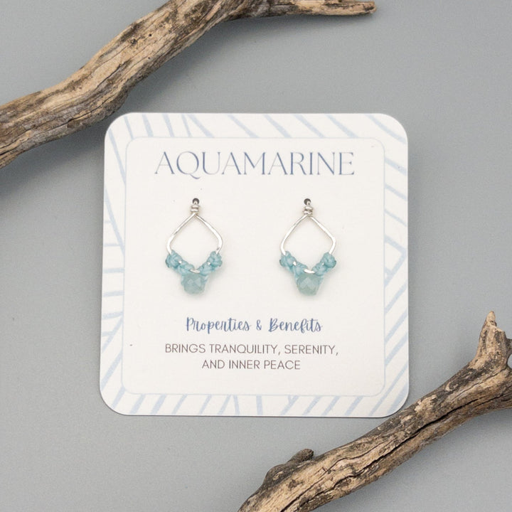 Square sterling silver macrame earrings with aquamarine beads