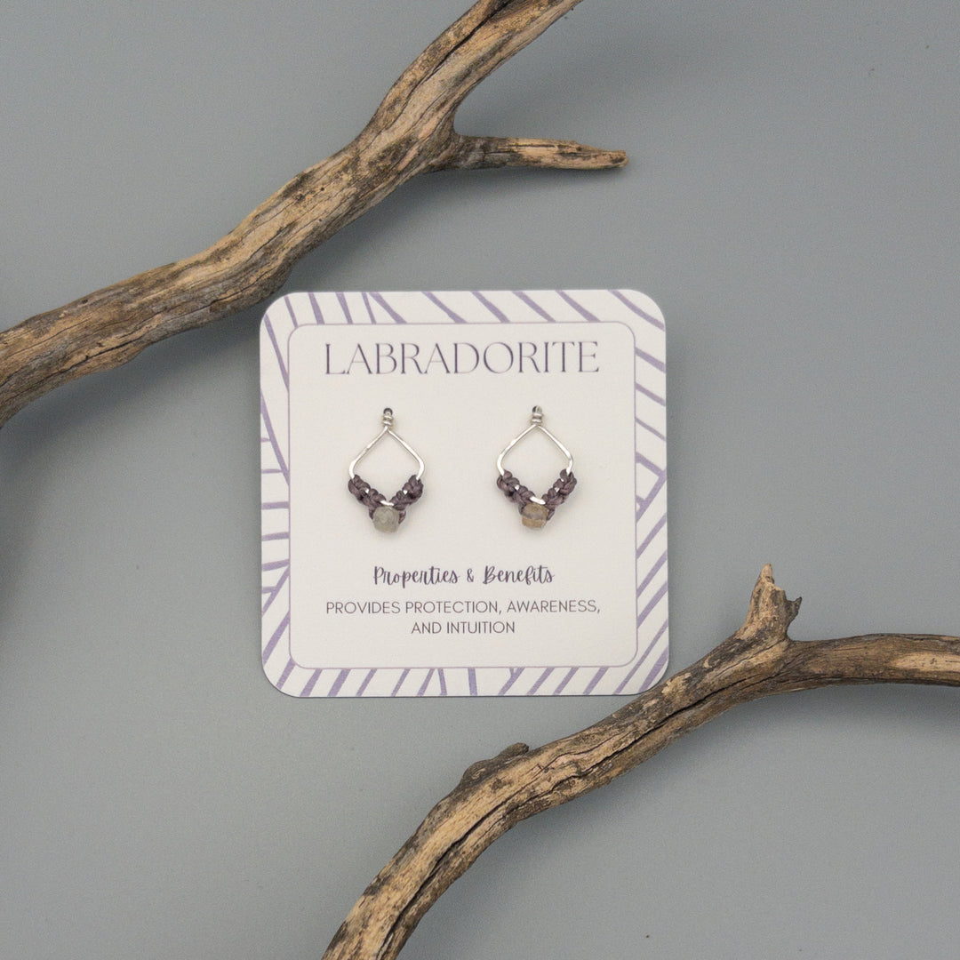 Sterling silver labradorite macrame square earrings
