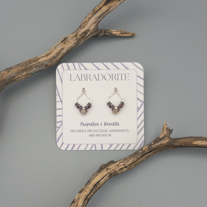 Sterling silver labradorite macrame square earrings