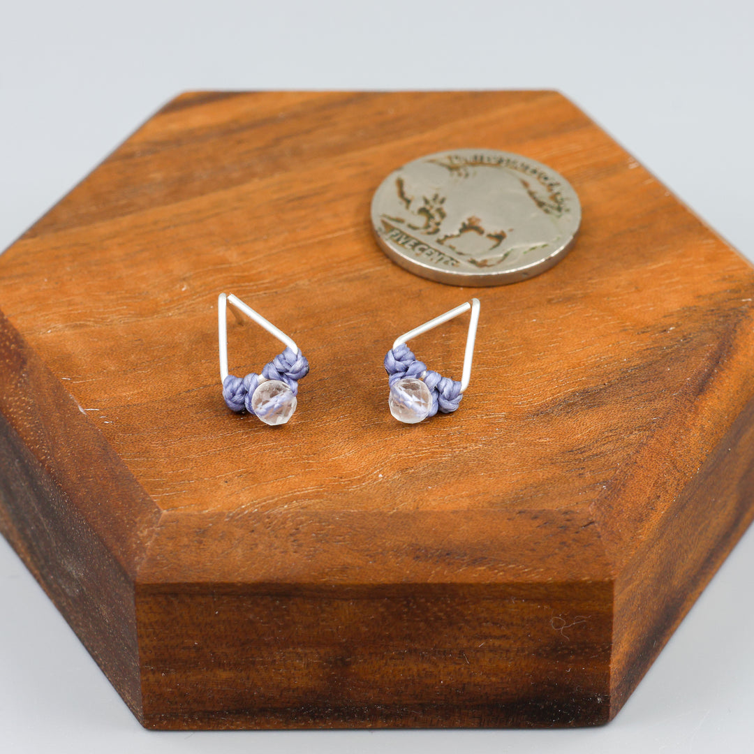 clear quartz stud earrings sterling silver triangle with coin for size comparison