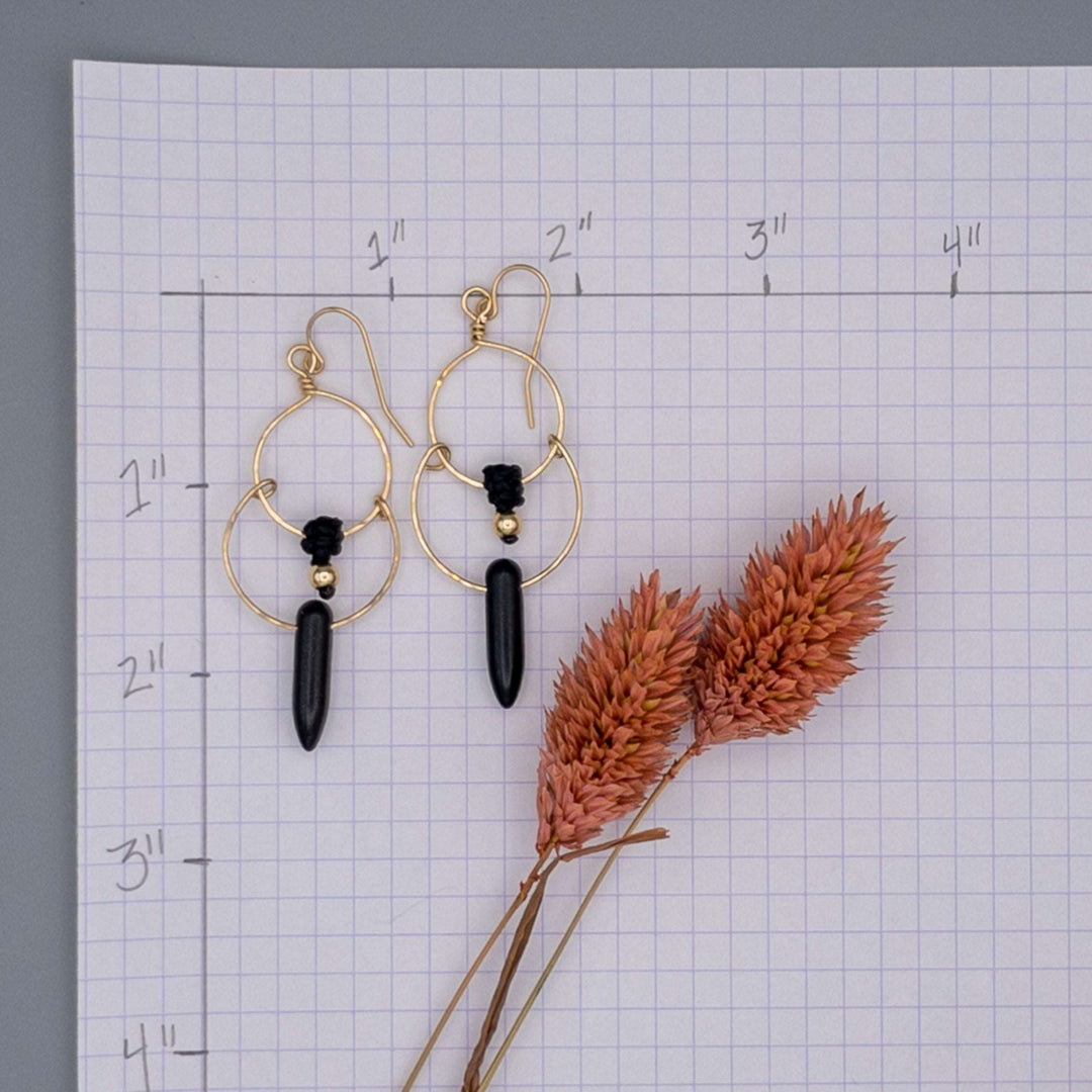 14K Gold Filled Double Hoop Earring / Black & Black Howlite Bead