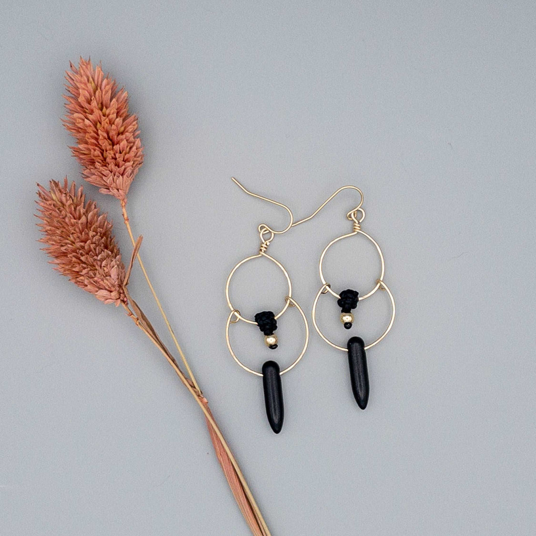 14K Gold Filled Double Hoop Earring / Black & Black Howlite Bead