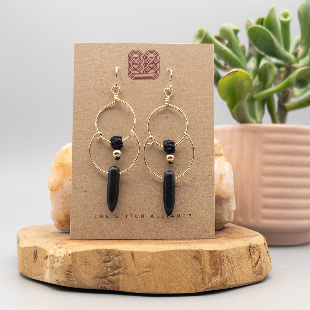 14K Gold Filled Double Hoop Earring / Black & Black Howlite Bead