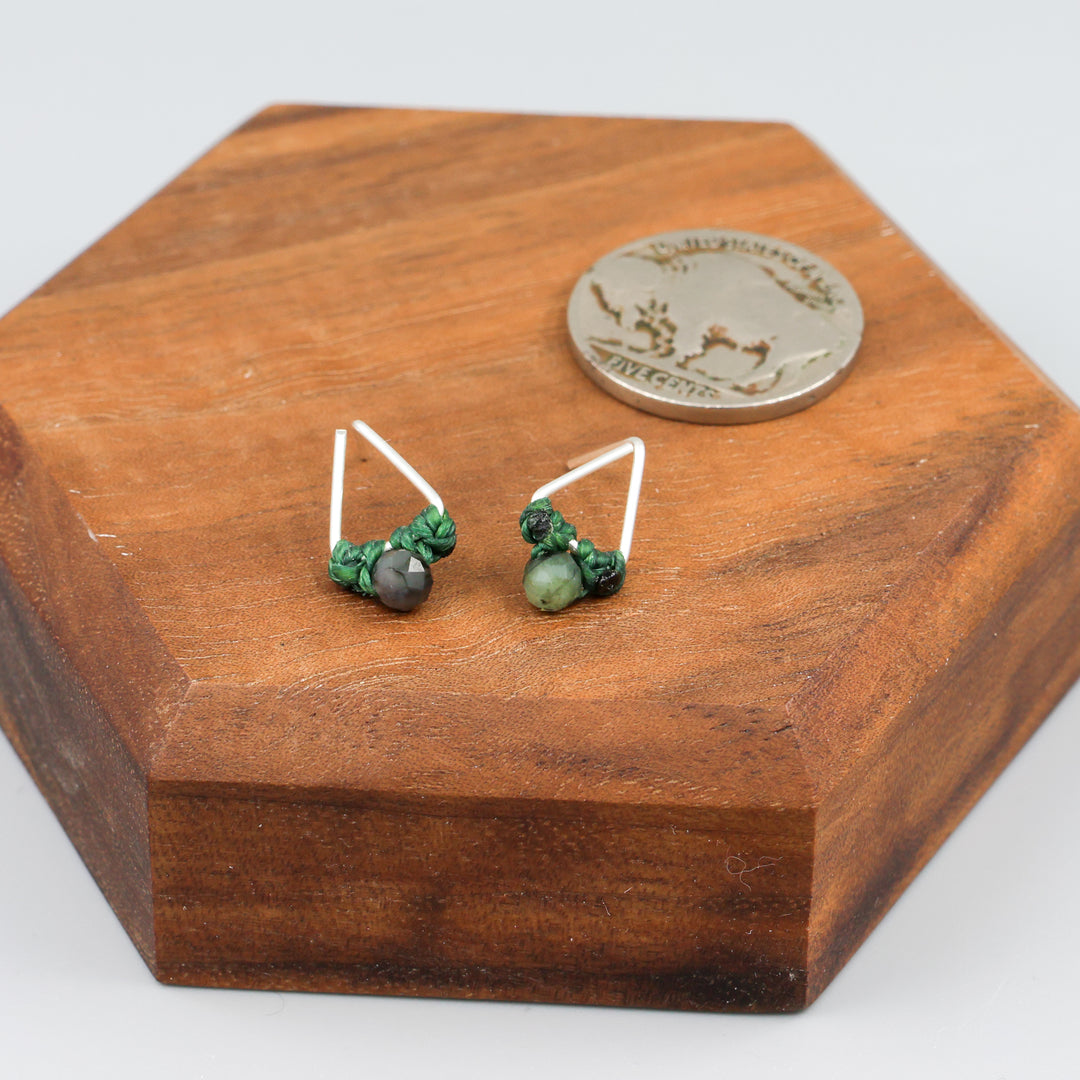 Emerald stud earrings sterling silver triangle with coin for size comparison