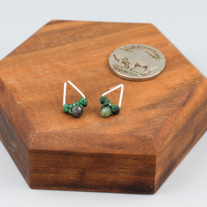 Emerald stud earrings sterling silver triangle with coin for size comparison