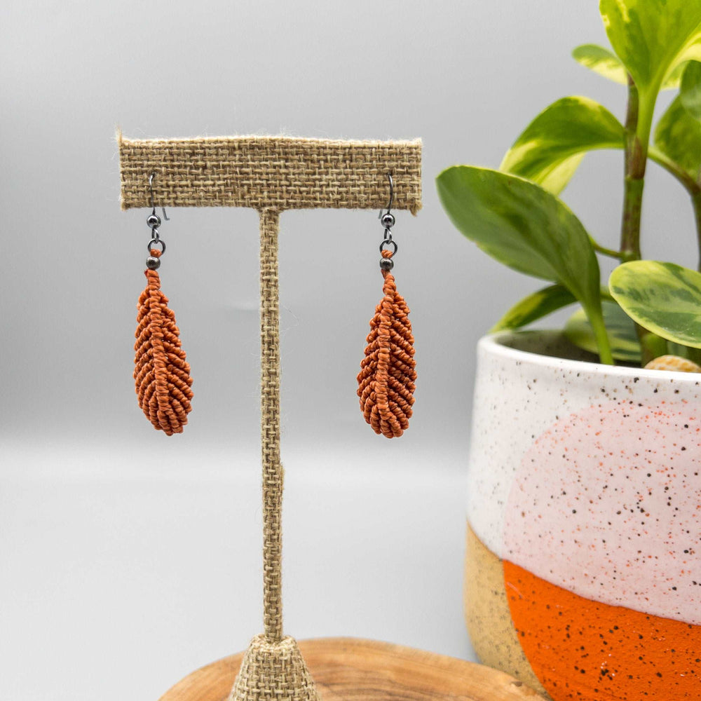Earthy terracotta macrame feather earrings with oxidized sterling silver ear wires