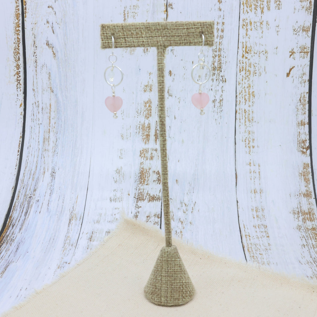rose quartz, rainbow moonstone, sterling silver earrings
