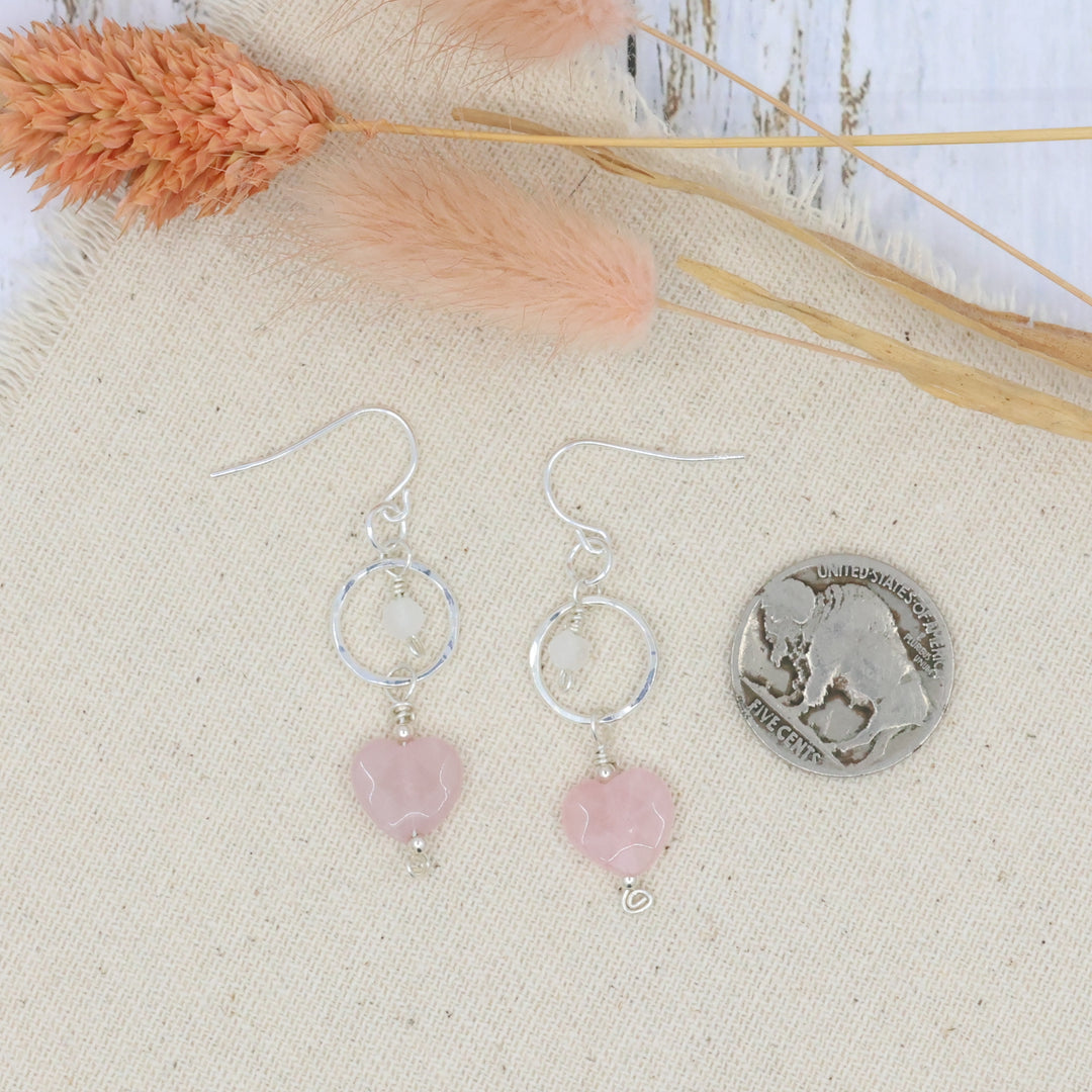 rose quartz, rainbow moonstone, sterling silver earrings shown with a coin for size comparison