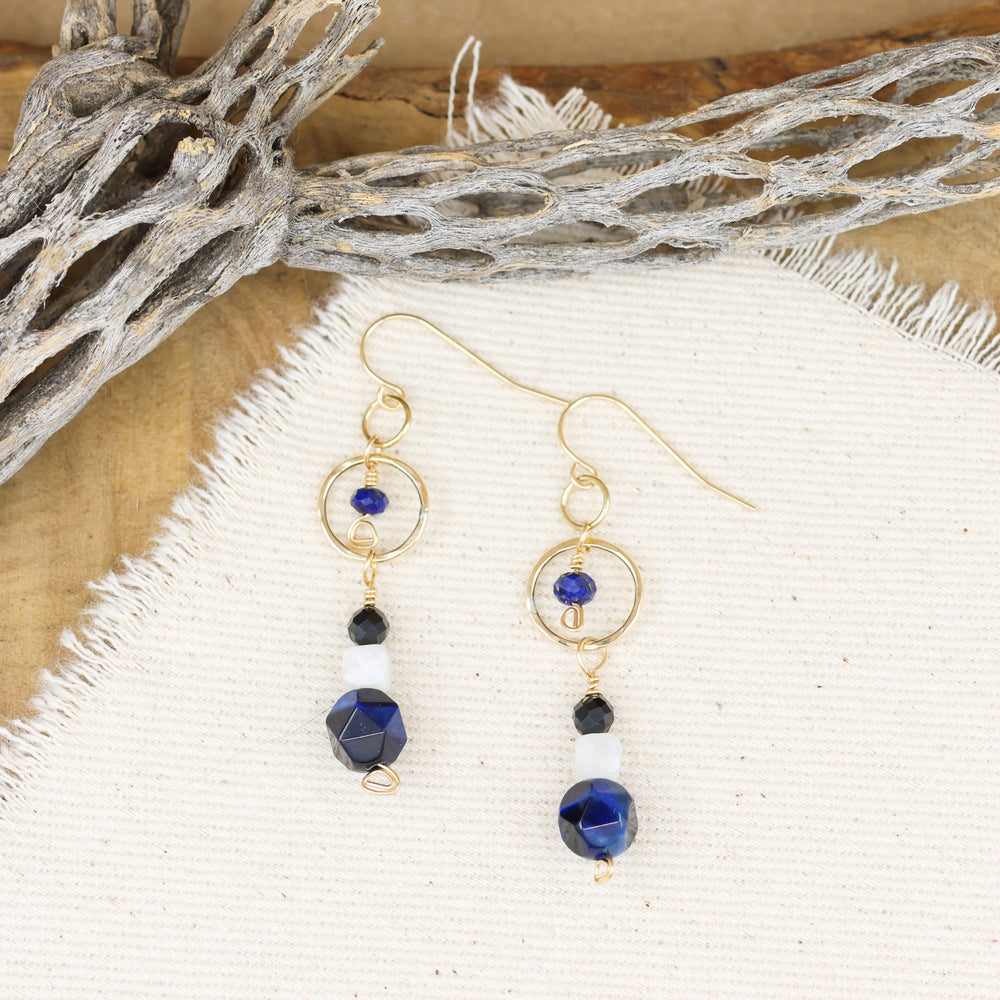 handmade gold fill blue tigers eye, moonstone, black spinel, and lapis lazuli earrings