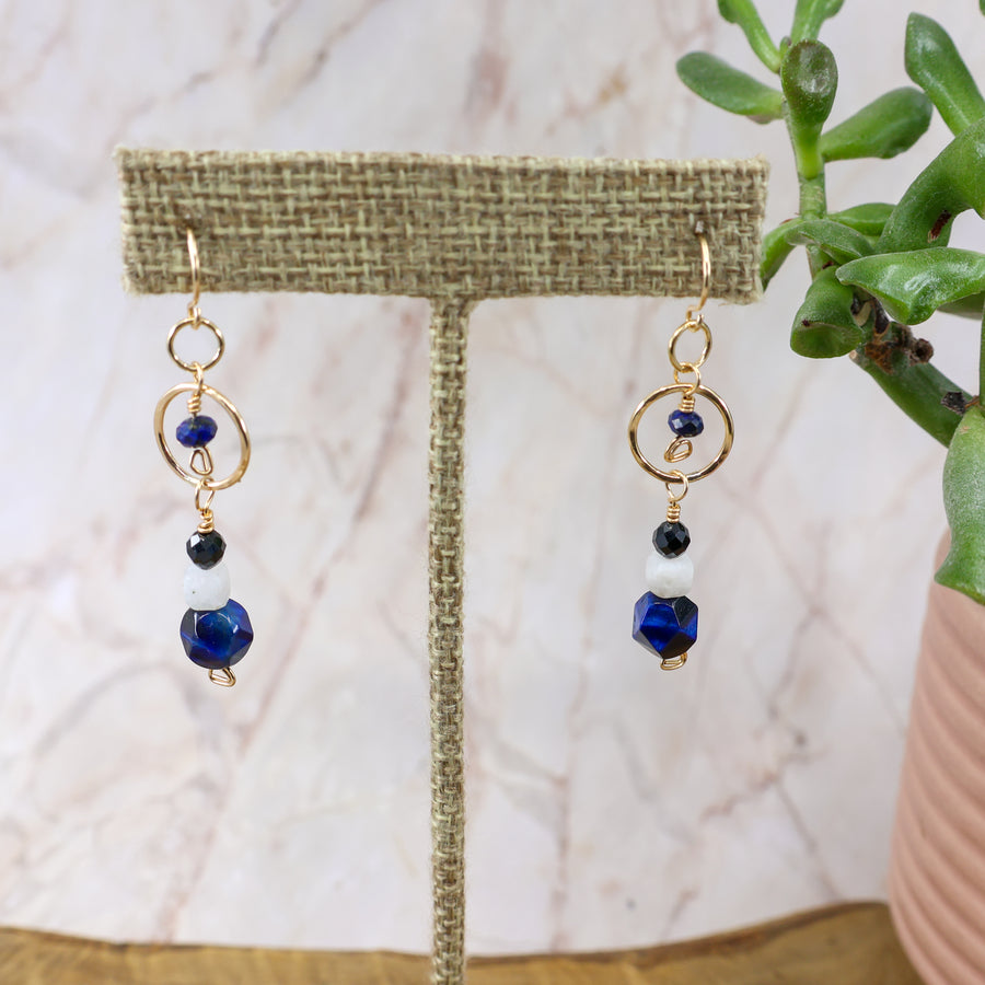 blue tigers eye, moonstone, and black spinel gold filled earrings