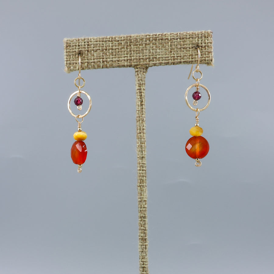 Carnelian, tiger's eye, and garnet gold filled dangle earrings