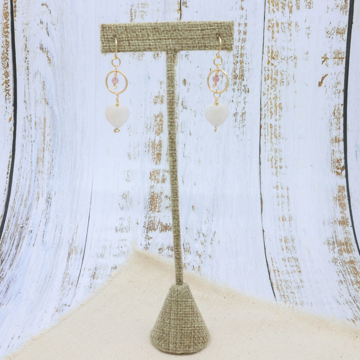handmade gold filled earrings with moonstone and strawberry quartz beads