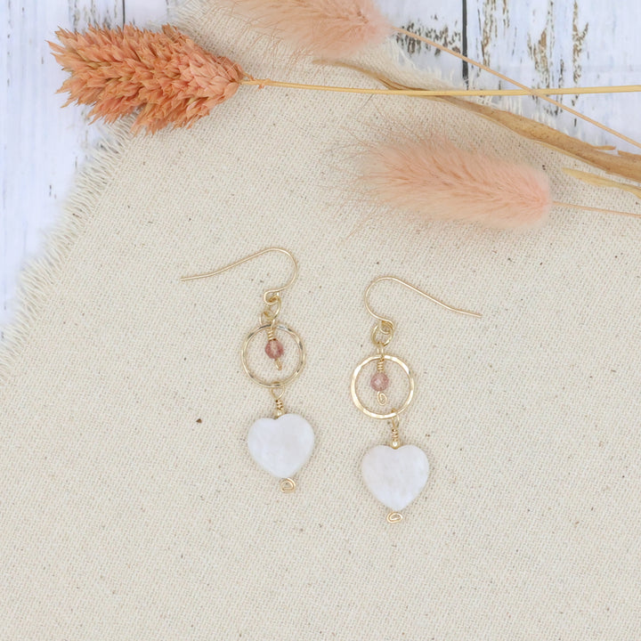 handmade gold filled dangle earrings with moonstone and strawberry quartz beads