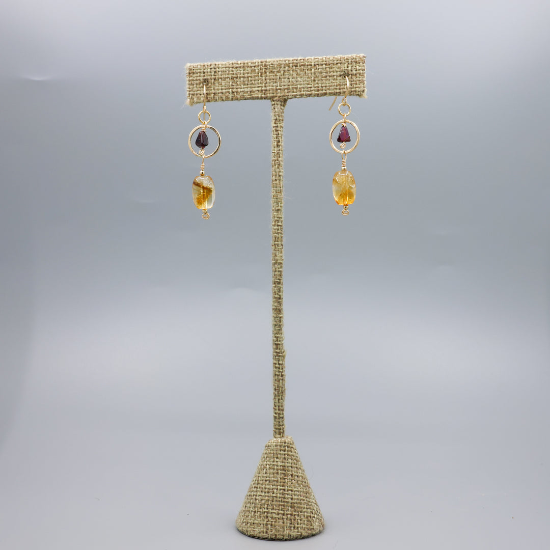 handmade citrine, garnet, and 14k gold filled earrings full view