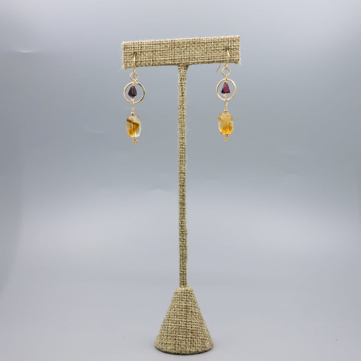 handmade citrine, garnet, and 14k gold filled earrings full view