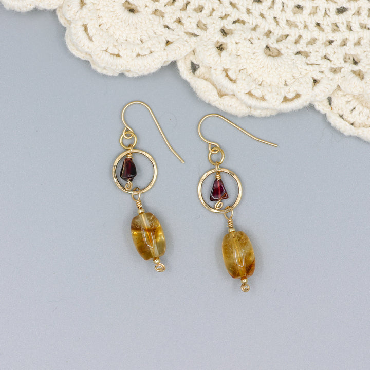 handmade citrine, garnet, and 14k gold filled earrings