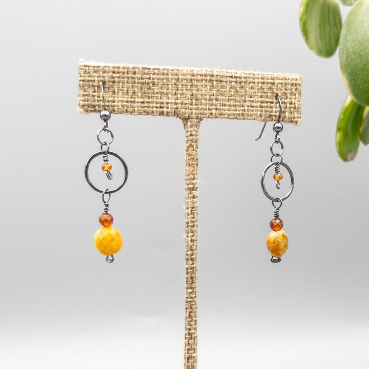 Handmade crazy lace agate and hessionite oxidized sterling silver earrings